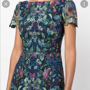 Marchesa Notte Peacock Floral Embroidered Cocktail Dress